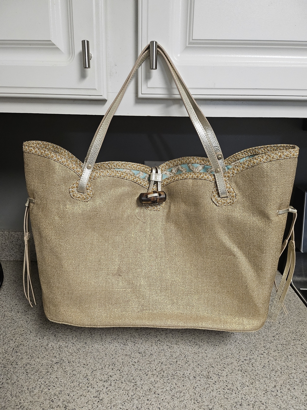 Eric Javits Gold Woven Tote with Tortoiseshell Clasp